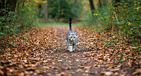 Striped cat walking on the path in the autumn forest.の写真素材