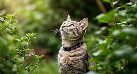 Cute tabby cat sitting on the green grass in the gardenの写真素材