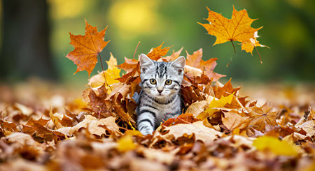 Cute tabby kitten sitting in autumn leaves and looking at cameraの写真素材