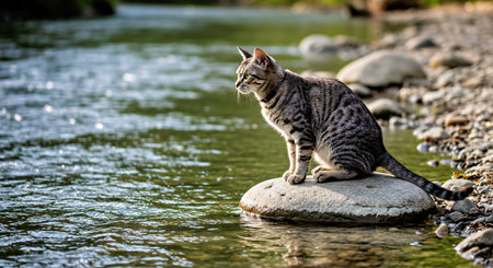 Tabby cat sitting on a rock by a river. Selective focus.の写真素材