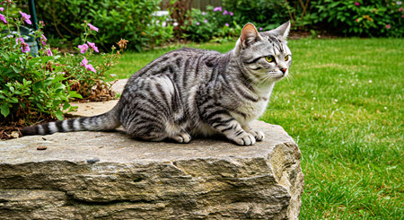 Beautiful european shorthair cat sitting on stone in gardenの写真素材