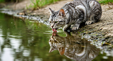 Beautiful striped cat drinking water from a puddle in the parkの写真素材
