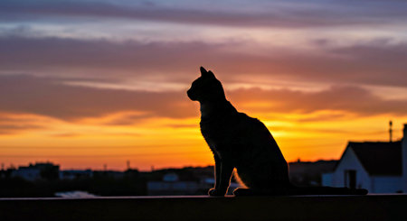 Cat silhouette at sunset on the roof of a house in the cityの写真素材