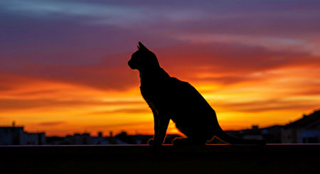 Silhouette of a cat on a sunset background. Shallow depth of field.の写真素材