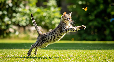 kitten catching a butterfly in the green grass on a sunny dayの写真素材