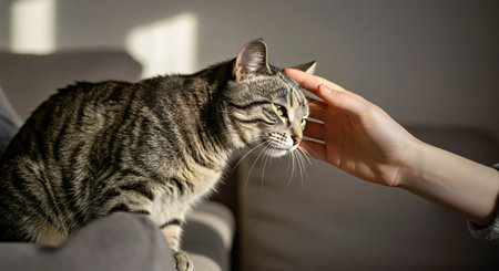 Cute tabby cat sitting on sofa at home, closeupの写真素材