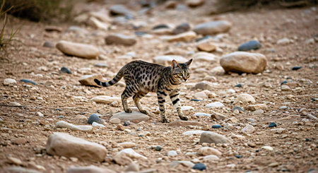 Wild cat walking on the ground in Kruger Park, South Africaの写真素材