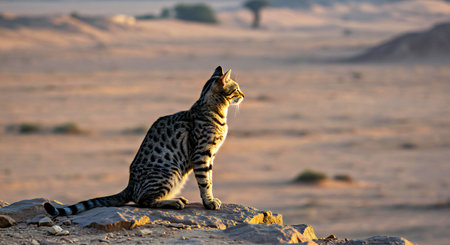 Bengal cat sitting on a rock at sunset in Namibiaの写真素材
