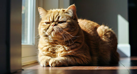 Beautiful ginger cat lying on the floor and looking out the window
