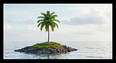Palm tree on a small island in the middle of the seaの写真素材