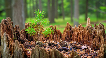 Pine tree growing on a stump in the forest. Selective focus.の写真素材