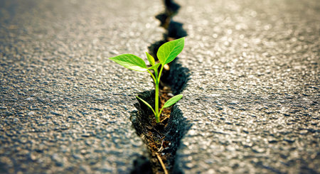 Green sprout growing from crack in asphalt road. Nature background.の写真素材
