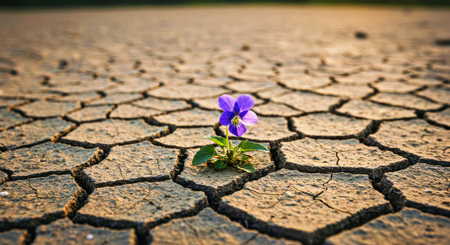 Pansy flower on cracked earth background, global warming concept.の写真素材
