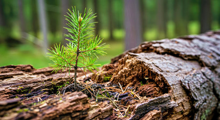 Pine tree growing on old stump in the forest. Nature backgroundの写真素材