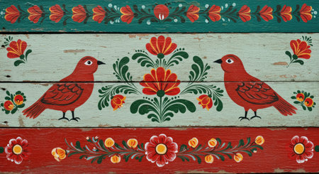 Vintage floral background with red and green flowers and birds on wooden wallの写真素材