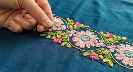 Closeup of a woman's hand embroidering a floral pattern on a blue fabricの写真素材