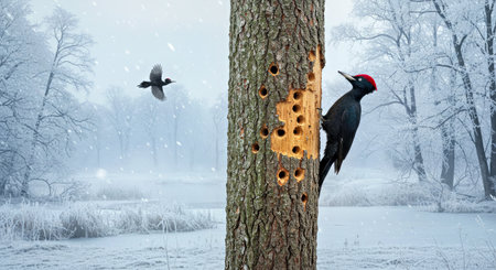 Black Woodpecker (Dryocopus martius) in winter forest