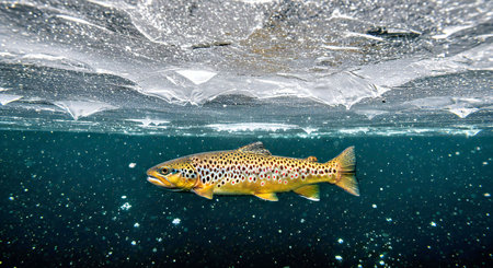 Brown trout swimming in the clear water of a frozen lake.