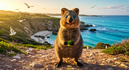 Portrait of a kangaroo standing on the seashore and looking at the cameraの写真素材