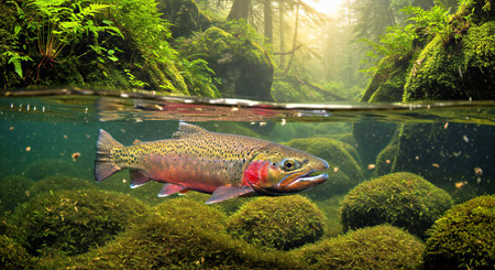 Rainbow trout swimming in the water at sunsetの写真素材
