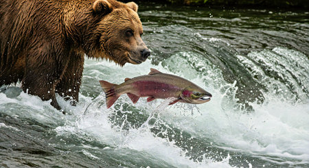 Brown bear catches a salmon in the river. Kamchatka.の写真素材