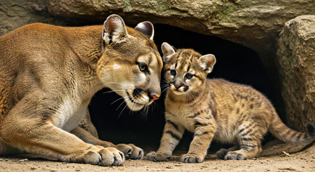 Puma (Puma concolor) mother and her cub.の写真素材