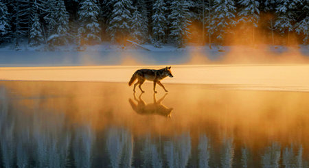 A wolf in the winter forest on a frozen lake at sunset.の写真素材