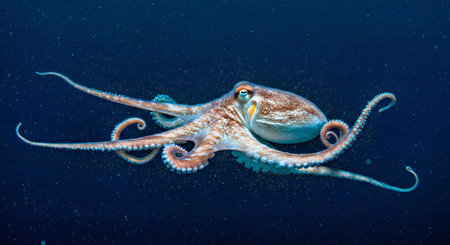 Octopus on a dark blue background in the Red Sea, Egyptの写真素材