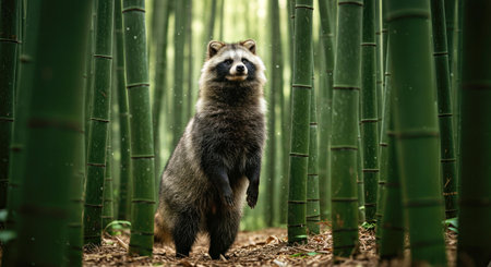 Raccoon in a bamboo forest. Wildlife scene from nature.の写真素材