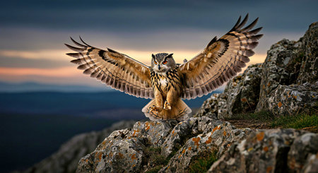 Eurasian Eagle Owl (Bubo bubo) on a rockの写真素材