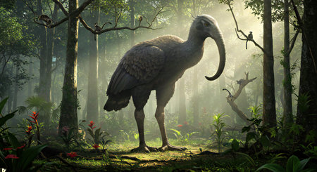 Fantasy landscape with a bird in the jungle. 3d render