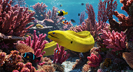 Underwater scene with colorful tropical fish and coral reef in the Red Sea