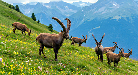 Alpine ibex on the alpine meadow in summer, Switzerlandの写真素材