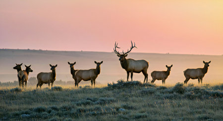 Mule Deer (Cervus elaphus) herd during the rutting season on a foggy morning.の写真素材