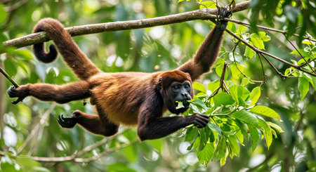 Howler monkey hanging on a tree branch in a forest