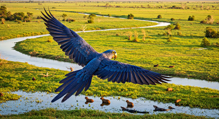 Parrot flying over the Okavango Delta, Botswana, Africaの写真素材