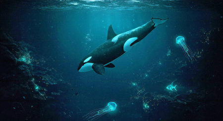 Orca or killer whale in deep blue ocean. 3D rendering