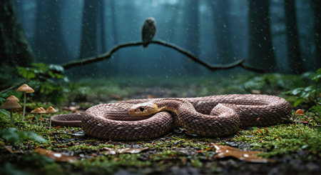 Dangerous rattlesnake in the dark forest at nightの写真素材