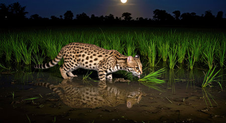 Leopard cat (Prionailurus serval) in the rice field at night