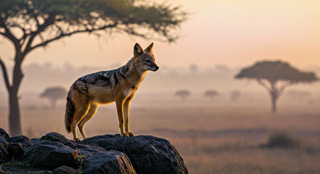 Black-backed jackal (Canis mesomelas) standing on a rock.の写真素材