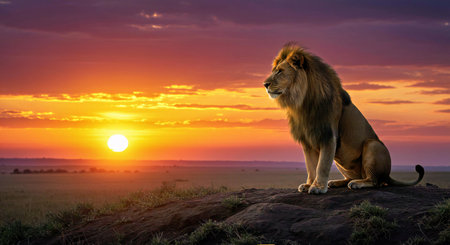 Lion sitting on rock at sunset in Masai Mara, Kenyaの写真素材