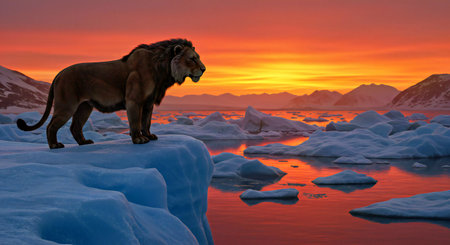 Lion on icebergs at sunset.の写真素材