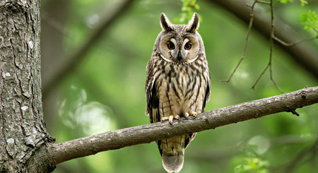 Long-eared owl on a branchの写真素材