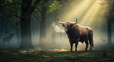 Bison in the forest with morning sunlight. Bison in the forest.