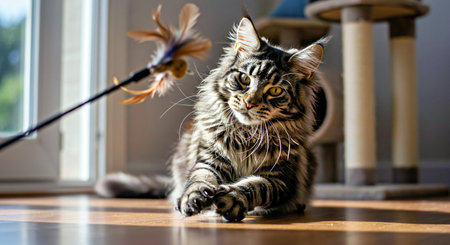 Siberian cat on the floor at home in the living roomの写真素材
