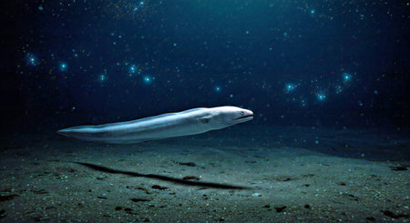 White eel swimming underwater in the starry night. 3D rendering