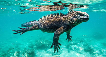 Marine iguana swimming underwater in the lagoonの写真素材