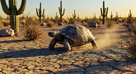 Desert tortoise walking on cracked ground in Saguaro National Park, Arizonaの写真素材