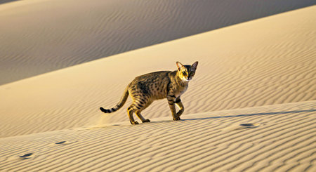 A cat walking in the sand dunes of the Sahara Desert in Moroccoの写真素材