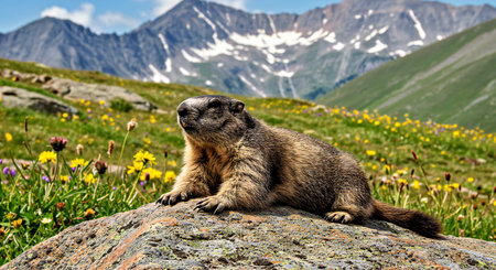 Alpine marmot on a rock in the high alpine meadowの写真素材